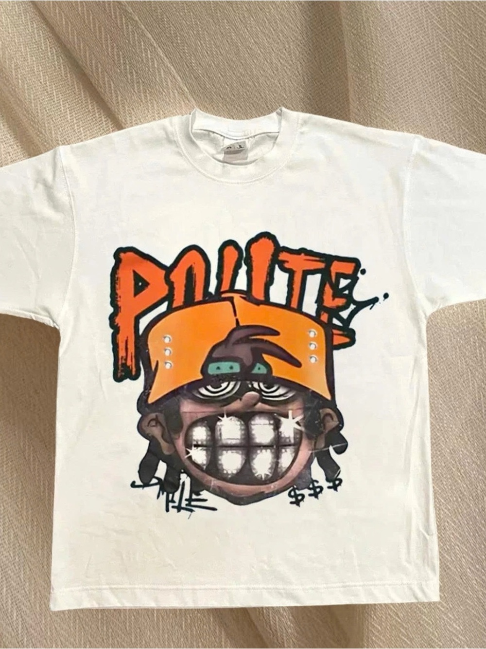 Retro Grinning Face Graphic Tee Orange Hat Y2K Streetwear Unisex Shirt